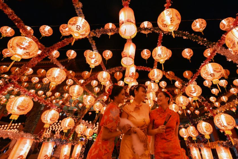 People visit lantern festival in Samut Prakan, Thailand